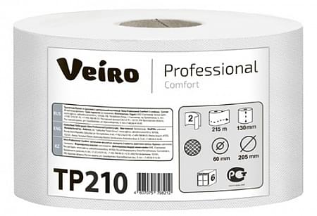 Туалетная бумага в средних рулонах с центральной вытяжкой Veiro Professional Comfort, цвет натуральный, 2 слоя, 215м 